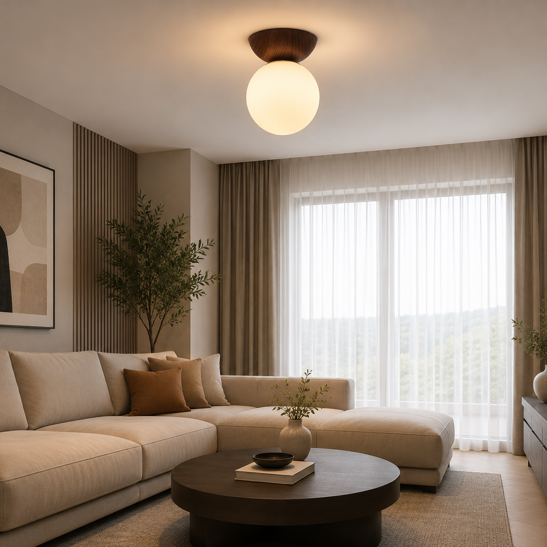 Nordic Wood Globe Flush Mount Ceiling Light - Modern Luxury LED Round Glass Ball Lamp for Bedroom & Hallway