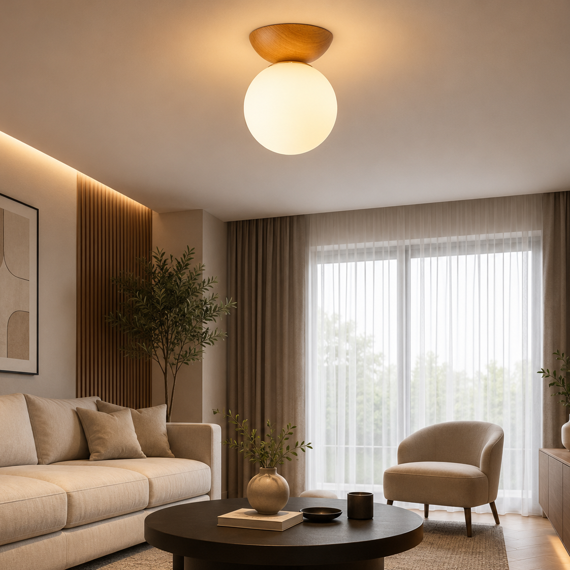 Nordic Wood Globe Flush Mount Ceiling Light - Modern Luxury LED Round Glass Ball Lamp for Bedroom & Hallway