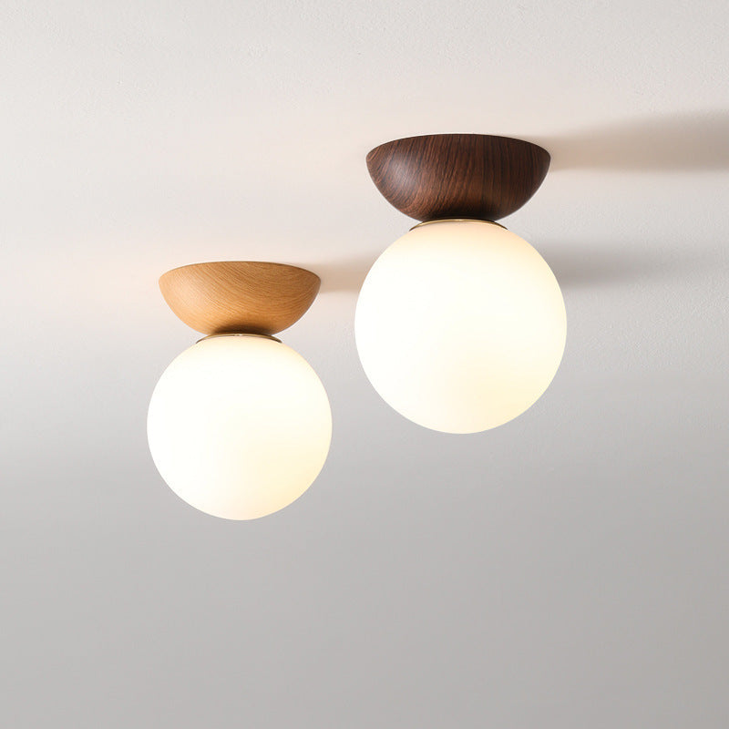 Nordic Wood Globe Flush Mount Ceiling Light - Modern Luxury LED Round Glass Ball Lamp for Bedroom & Hallway