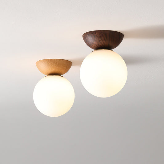 Nordic Wood Globe Flush Mount Ceiling Light - Modern Luxury LED Round Glass Ball Lamp for Bedroom & Hallway