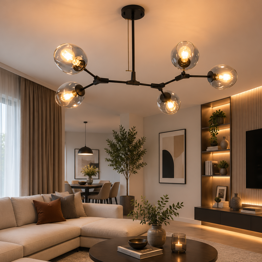 Luxury Modern Glass Globe Chandelier | Black Ceiling Light | Living Room Chandelier | Dining Room Pendant Light | Contemporary Home Lighting