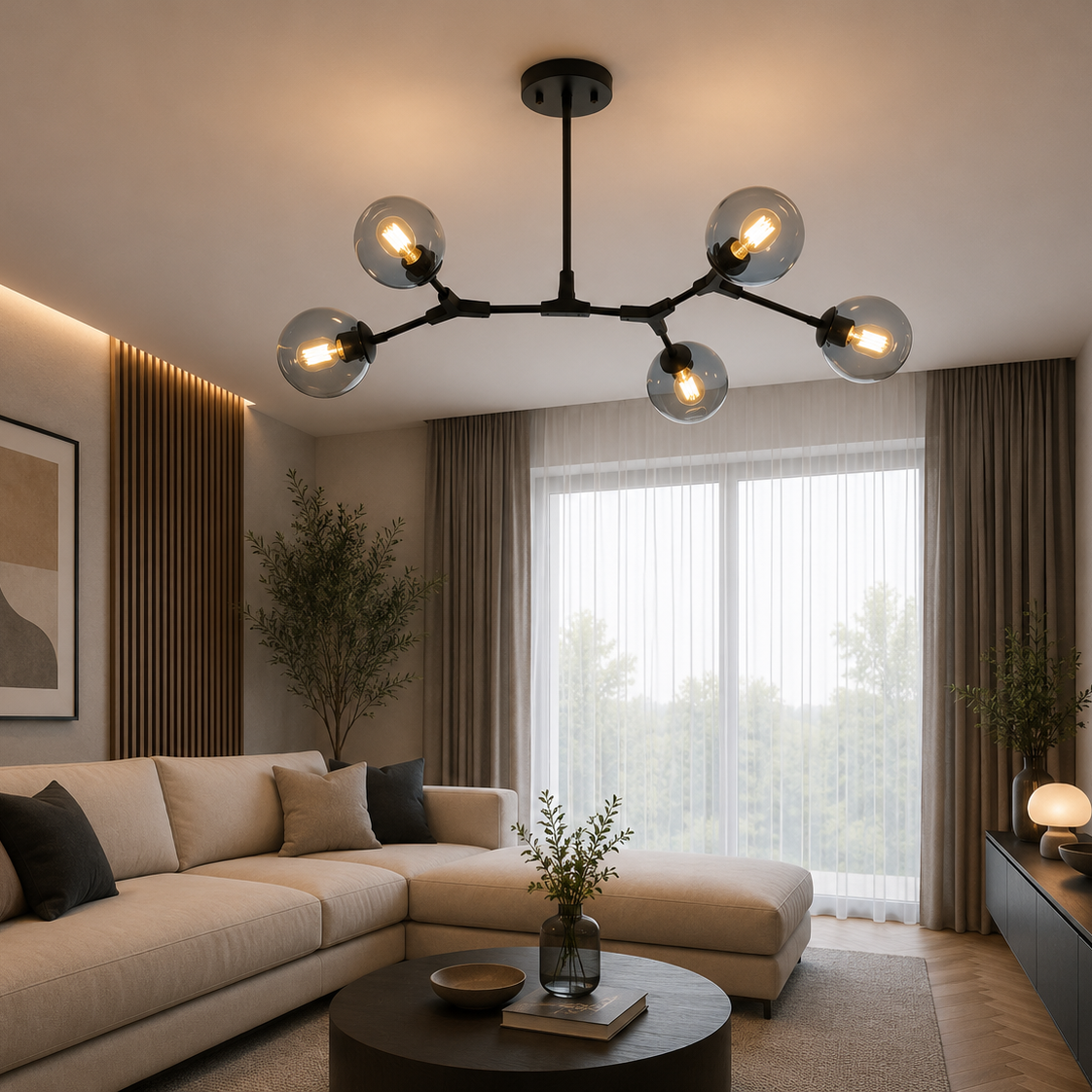 Luxury Modern Glass Globe Chandelier | Black Ceiling Light | Living Room Chandelier | Dining Room Pendant Light | Contemporary Home Lighting
